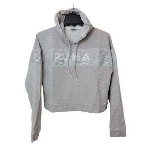 PUMA Hoodie Women’s S Gray Mesh Cropped Pullover Sweatshirt Logo Sporty